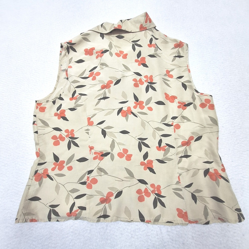 Cleo Blouse Womens Large Tan Floral 100% Silk Sleeveless Button Up Luxury - Picture 2 of 6